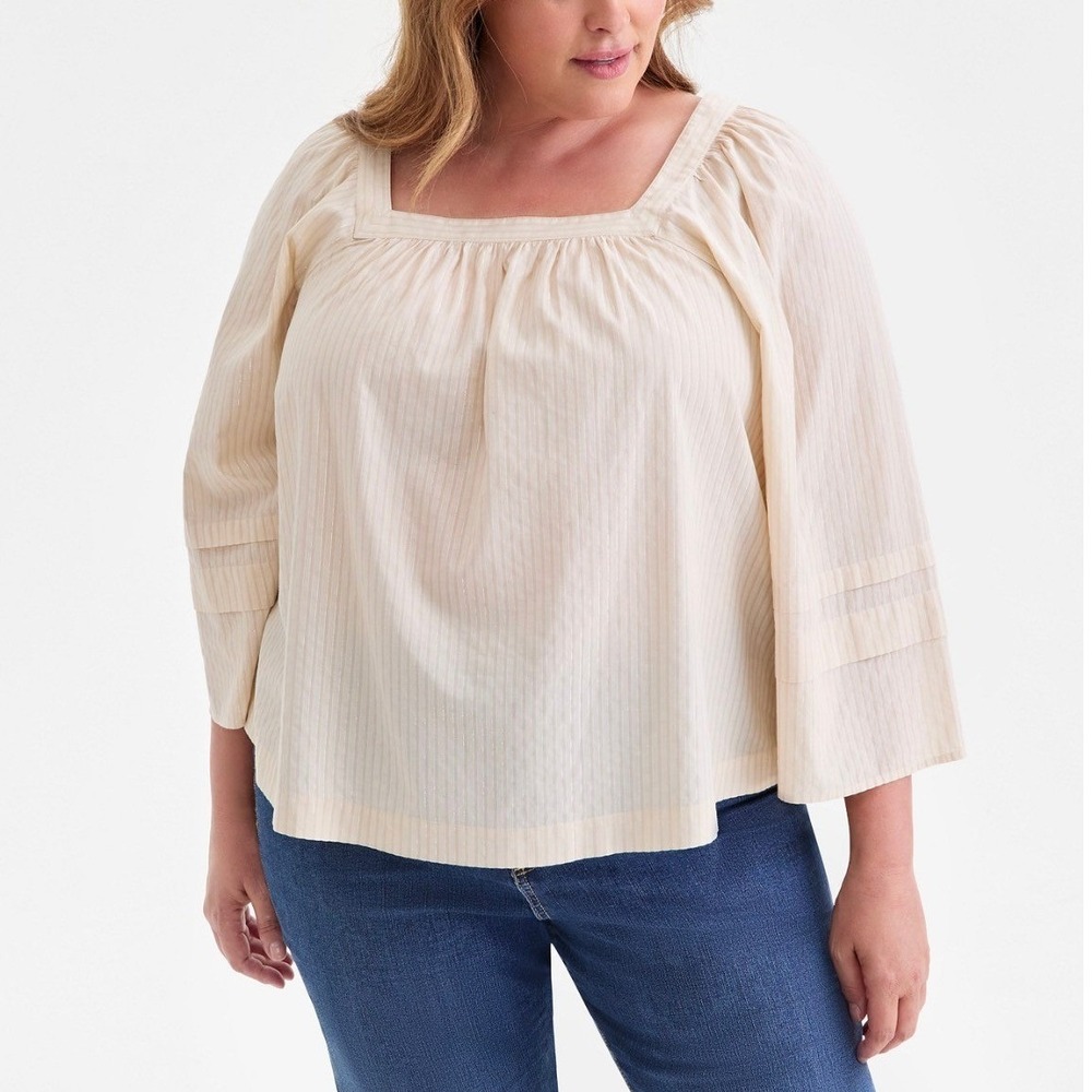 Style & Co Women 3X Beige Metallic Stripe Square Neck Peasant Blouse NWT